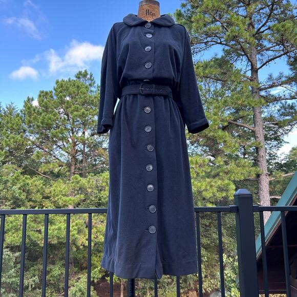 Vintage 40s/50s Charcoal Fleece Cascade Waterfall Backside Belted Midi Dress - Picture 2 of 8